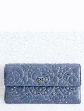 Chanel Blue Periwinkle Camelia Studded Long Flap Wallet